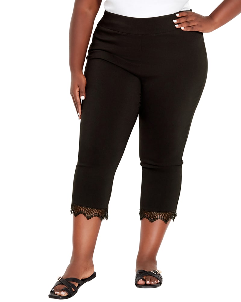Front of a model wearing a size 18 CAPRI SSTRETCH LACE in Black by avenue. | dia_product_style_image_id:293548